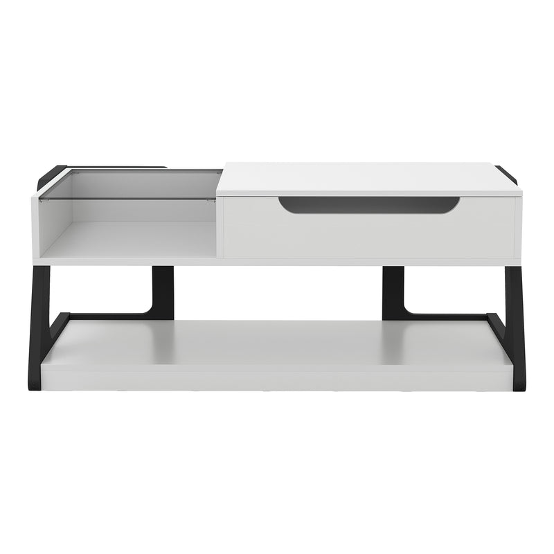 Front facing contemporary white and black storage coffee table with a half-width lift top on a white background