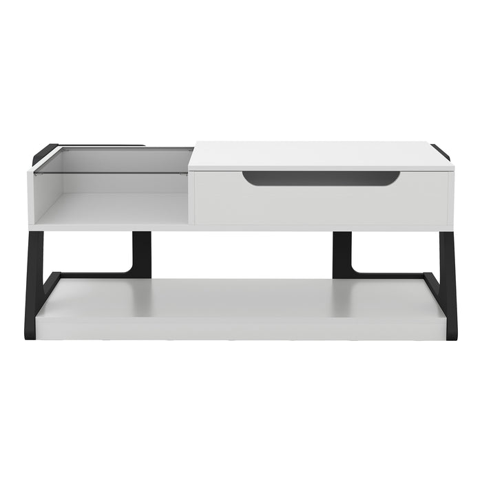 Front facing contemporary white and black storage coffee table with a half-width lift top on a white background