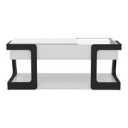 Front facing contemporary white and black storage coffee table with a half-width lift top on a white background