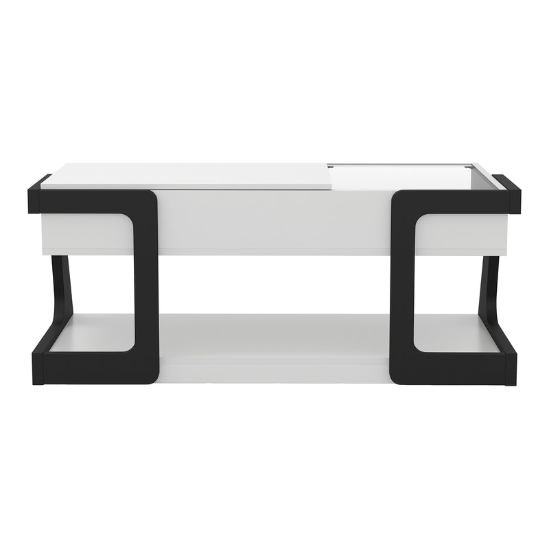 Front facing contemporary white and black storage coffee table with a half-width lift top on a white background
