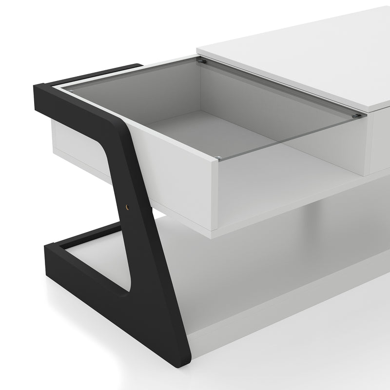 Right facing close up of the glass top contemporary white and black storage coffee table with a half-width lift top on a white background