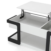 Left facing contemporary white and black storage coffee table with a half-width lift top in the raised position on a white background