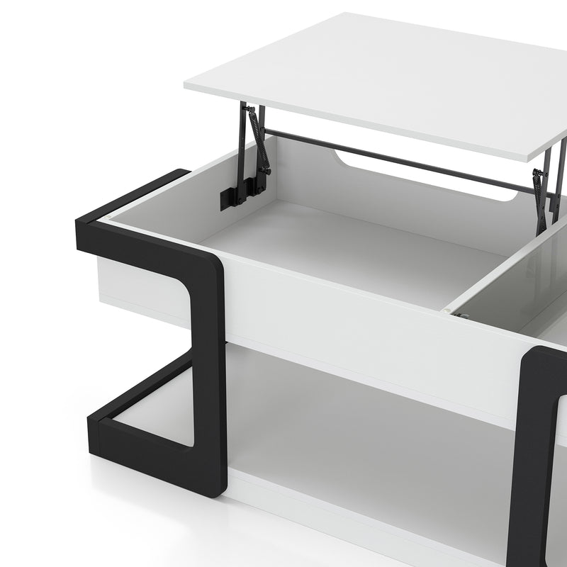 Left facing contemporary white and black storage coffee table with a half-width lift top in the raised position on a white background