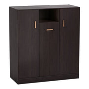 Right facing contemporary espresso three-door one shelf shoe cabinet on a white background