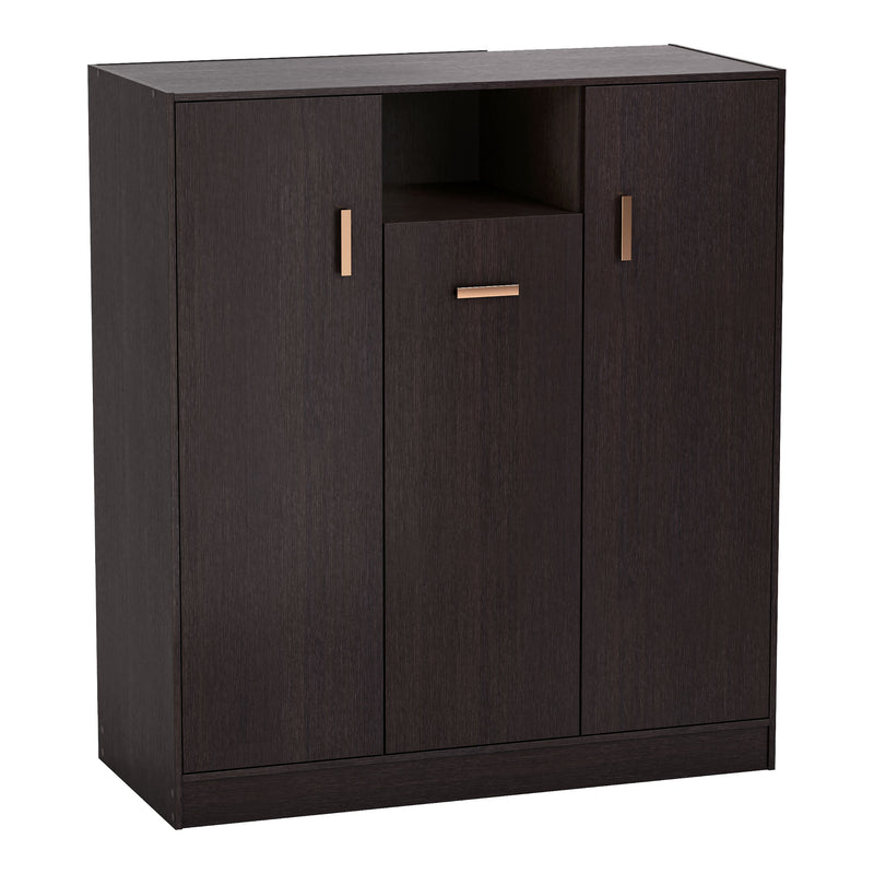 Right facing contemporary espresso three-door one shelf shoe cabinet on a white background