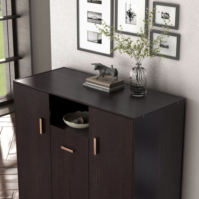 Left facing high close up view of a contemporary espresso three-door one shelf shoe cabinet in a room with accessories