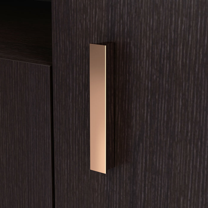 Left facing close up view of the cabinet door handle on a contemporary espresso three-door one shelf shoe cabinet
