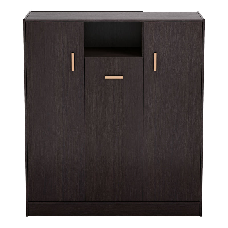 Front facing contemporary espresso three-door one shelf shoe cabinet on a white background