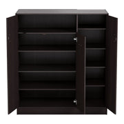 Front facing contemporary espresso three-door one shelf shoe cabinet with doors open on a white background
