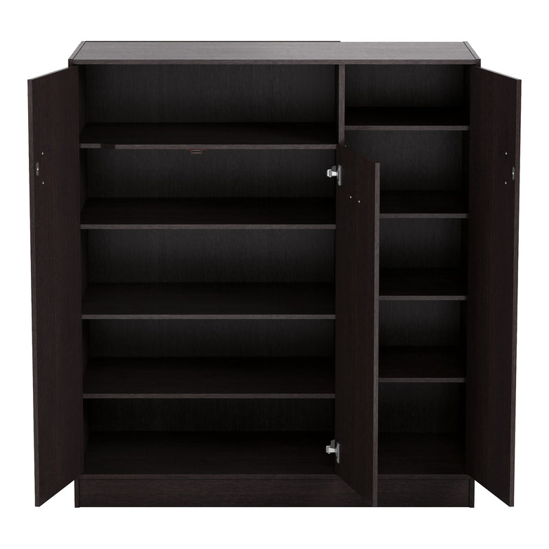 Front facing contemporary espresso three-door one shelf shoe cabinet with doors open on a white background
