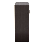 Front facing side view of a contemporary espresso three-door one shelf shoe cabinet on a white background