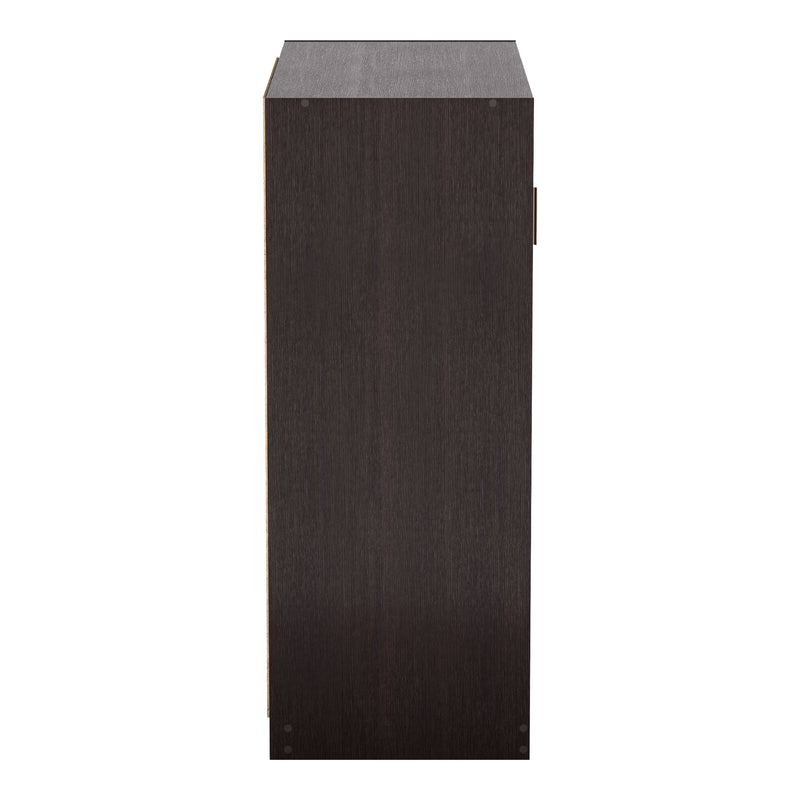 Front facing side view of a contemporary espresso three-door one shelf shoe cabinet on a white background