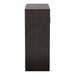 Front facing side view of a contemporary espresso three-door one shelf shoe cabinet on a white background