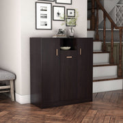 Right facing contemporary espresso three-door one shelf shoe cabinet in a room with accessories