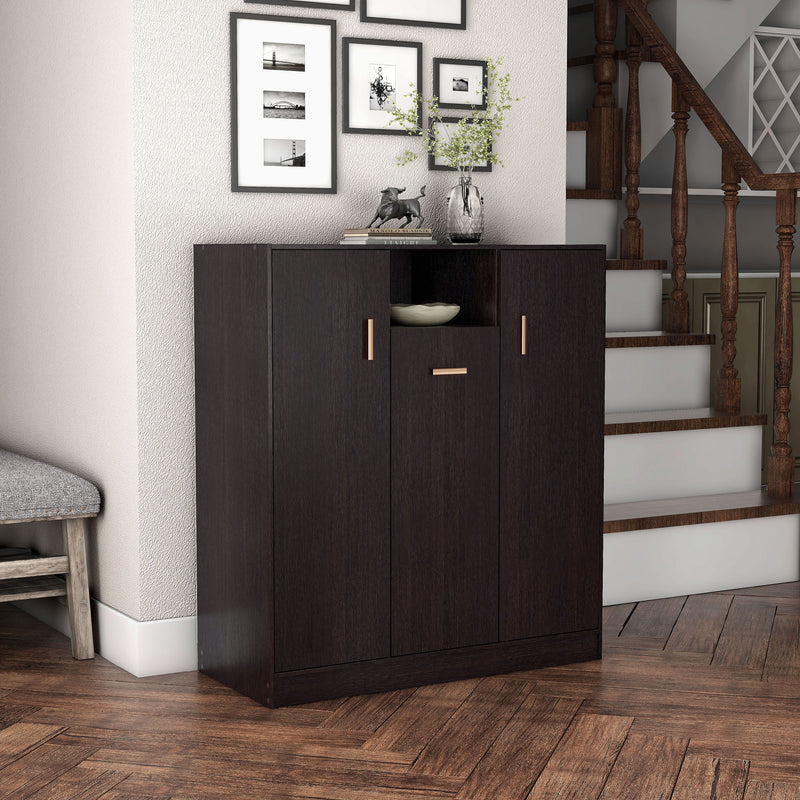 Right facing contemporary espresso three-door one shelf shoe cabinet in a room with accessories