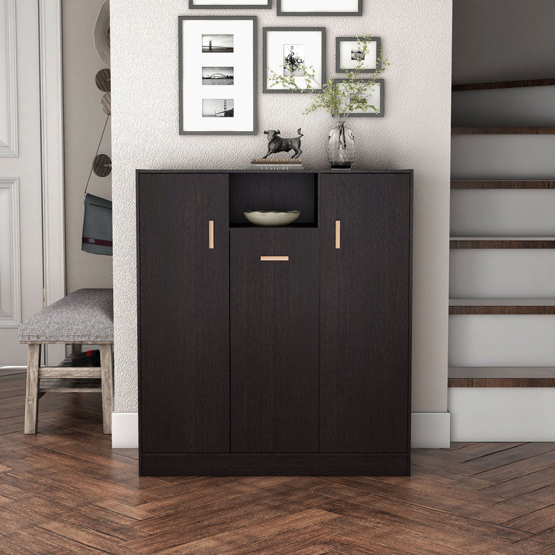 Front facing contemporary espresso three-door one shelf shoe cabinet in a room with accessories
