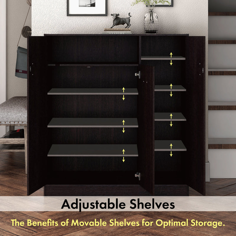 Informational image of the adjustable interior shelves of a contemporary espresso three-door one shelf shoe cabinet