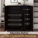 Informational image of the adjustable interior shelves of a contemporary espresso three-door one shelf shoe cabinet