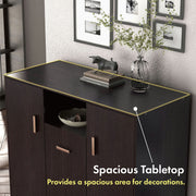 Informational image of the spacious tabletop of a contemporary espresso three-door one shelf shoe cabinet