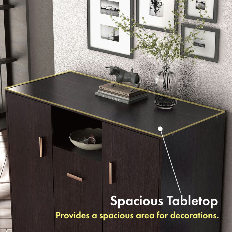 Informational image of the spacious tabletop of a contemporary espresso three-door one shelf shoe cabinet