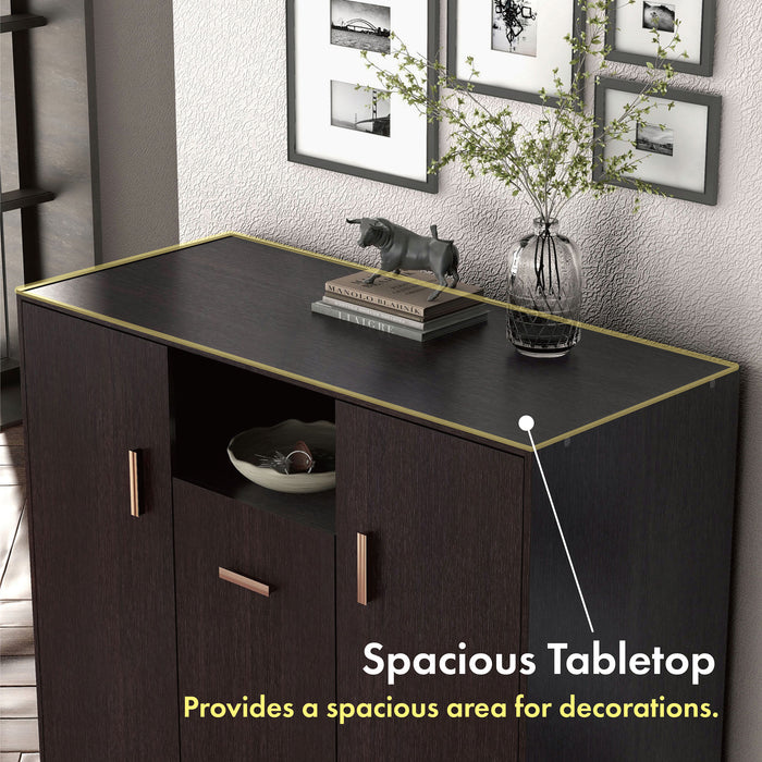 Informational image of the spacious tabletop of a contemporary espresso three-door one shelf shoe cabinet 