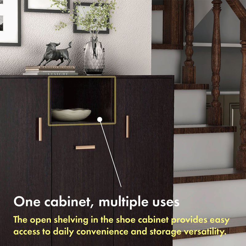 Informational image of the open shelf of a contemporary espresso three-door one shelf shoe cabinet