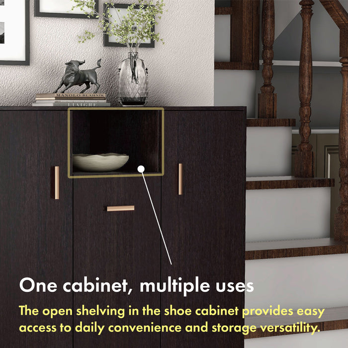 Informational image of the open shelf of a contemporary espresso three-door one shelf shoe cabinet 