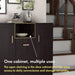 Informational image of the open shelf of a contemporary espresso three-door one shelf shoe cabinet 