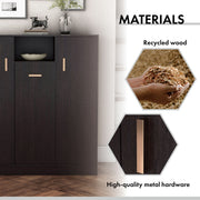 Informational image of the materials of a contemporary espresso three-door one shelf shoe cabinet