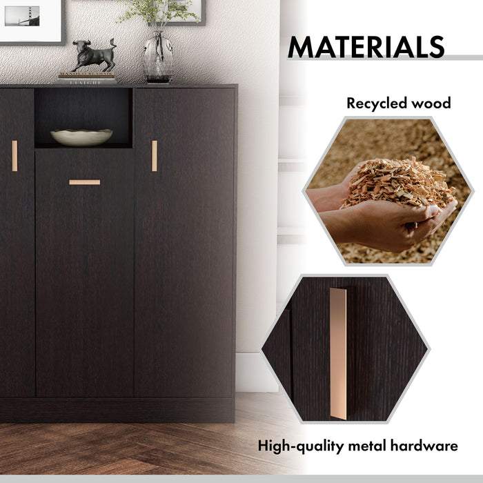 Informational image of the materials of a contemporary espresso three-door one shelf shoe cabinet 