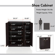Informational image of the dimensions of a contemporary espresso three-door one shelf shoe cabinet