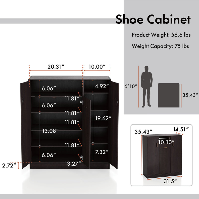 Informational image of the dimensions of a contemporary espresso three-door one shelf shoe cabinet