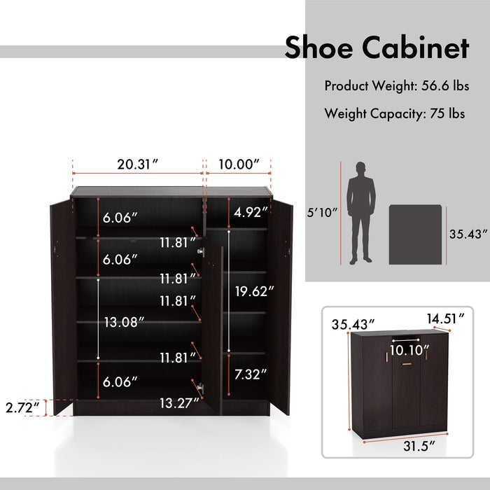Informational image of the dimensions of a contemporary espresso three-door one shelf shoe cabinet 