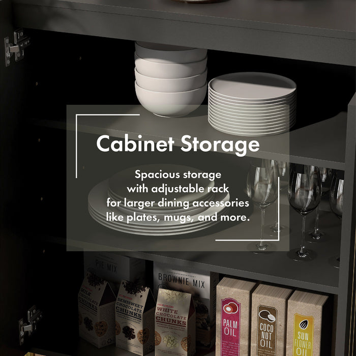 Informational image of the cabinet storage of a contemporary black three-door buffet with gold geometric accents