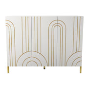 Front facing contemporary white three-door buffet with gold geometric accents on a white background
