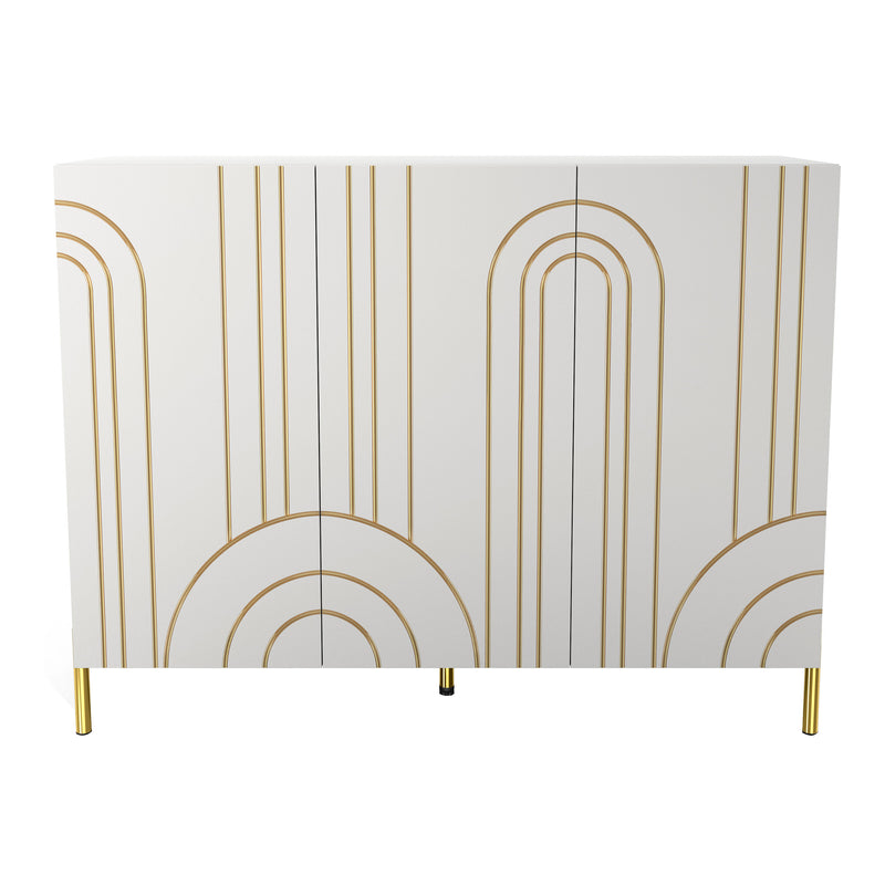 Front facing contemporary white three-door buffet with gold geometric accents on a white background