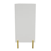Front facing side view of a contemporary white three-door buffet with gold geometric accents on a white background