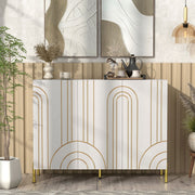Front facing contemporary white three-door buffet with gold geometric accents in a room with accessories