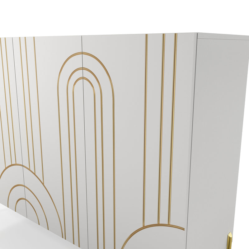 Left facing close up of the geometric design of a contemporary white three-door buffet with gold geometric accents on a white background