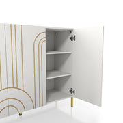 Right facing close up view of the open door of a contemporary white three-door buffet with gold geometric accents in a room with accessories