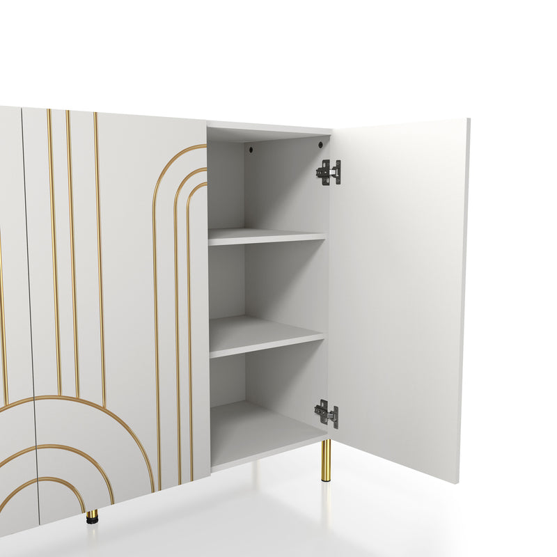 Right facing close up view of the open door of a contemporary white three-door buffet with gold geometric accents in a room with accessories