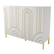Left facing contemporary white three-door buffet with gold geometric accents on a white background