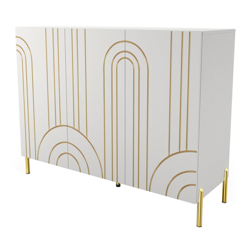 Left facing contemporary white three-door buffet with gold geometric accents on a white background