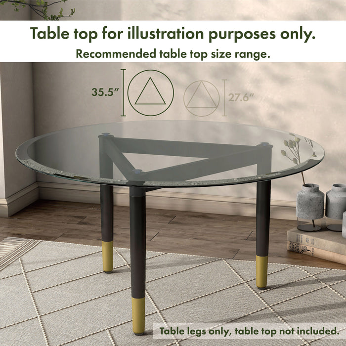 Informational image two-tone look of a contemporary black three-legged triangle coffee table base (top not included)