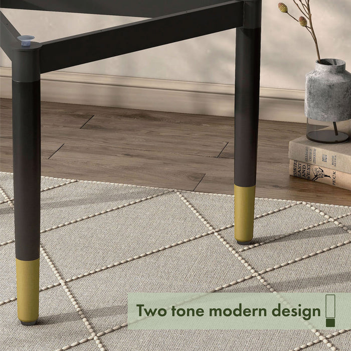 Informational image illustrating the tabletop size range of a contemporary black three-legged triangle coffee table base (top not included)