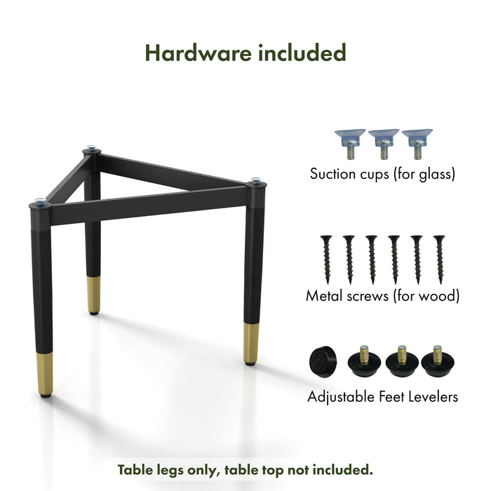 Informational image of the hardware included with a contemporary black three-legged triangle coffee table base (top not included)