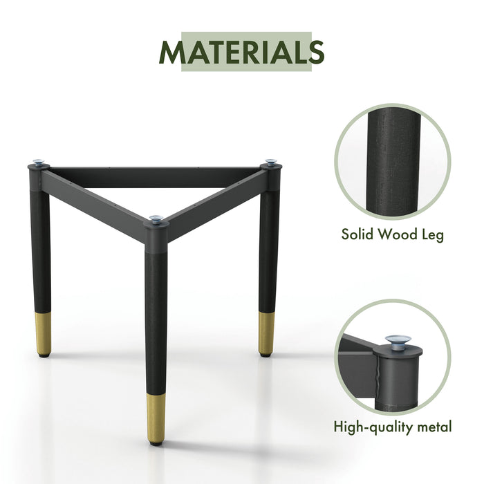 Informational image of the materials included with a contemporary black three-legged triangle coffee table base (top not included)