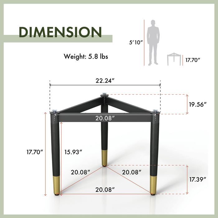Informational image of the dimensions of a contemporary black three-legged triangle coffee table base (top not included)