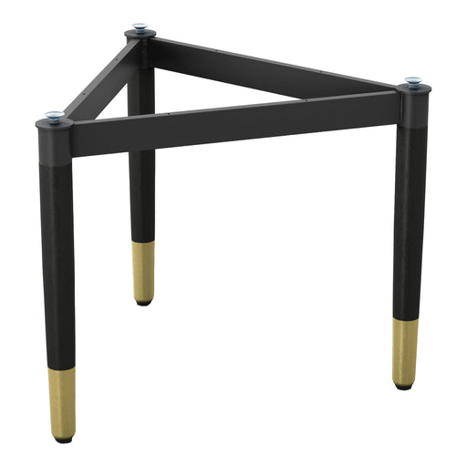 Right facing contemporary black three-legged triangle coffee table base (top not included) on a white background