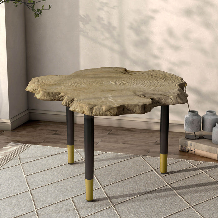 Right facing contemporary black three-legged triangle coffee table base (top not included) shown with a top on in a room with accessories